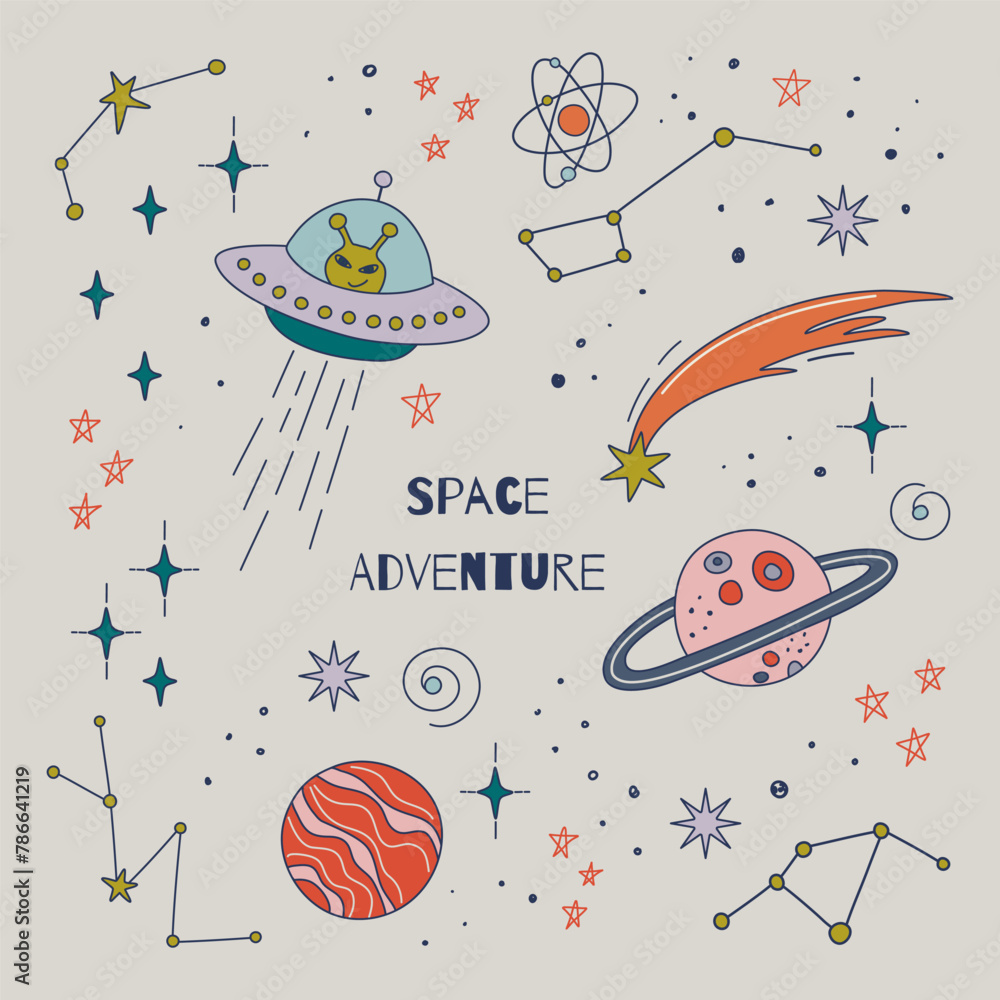 Space adventure background. Hand drawn planets, stars, UFO. Cute cosmic theme clipart. Outline colorful doodles. Retro colors vector illustration for banner, poster, card, sticker, print. Space adventure background. Hand drawn planets, stars, UFO. Cute cosmic theme clipart. Outline colorful doodles. Retro colors vector illustration for banner, poster, card, sticker, print.