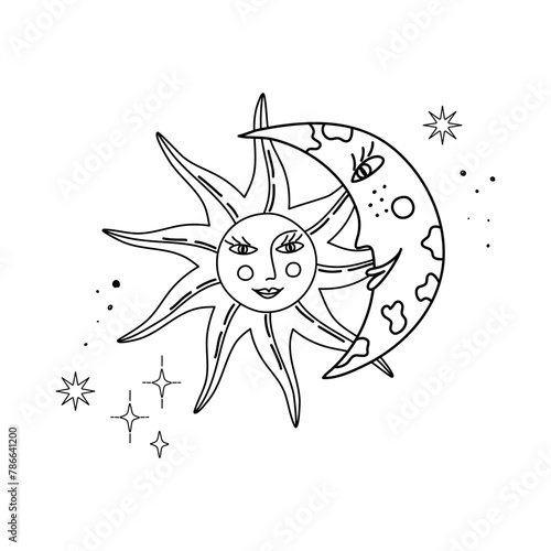 Doodle outer space print in whimsical boho style with Moon and Sun faces. Sunshine and crescent cosmic symbols.  Vector illustration for card, sticker, print, coloring page, tattoo. Outline kid doodle