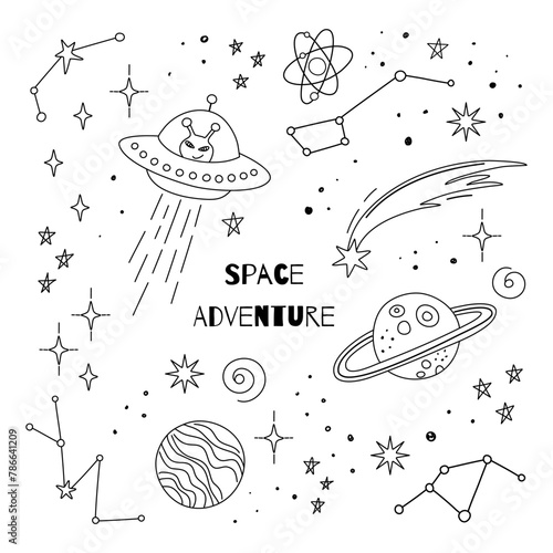 Outer space adventure background with hand drawn planets, stars, UFO. Doodle outer space print. Vector illustration for card, sticker, print, coloring page, tattoo. Outline kid doodles, anti stress.