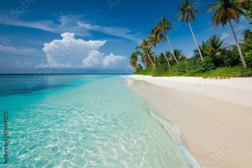 Beautiful tropical scenery with azure sea and sandy beach palm trees and clear sky  wild beach