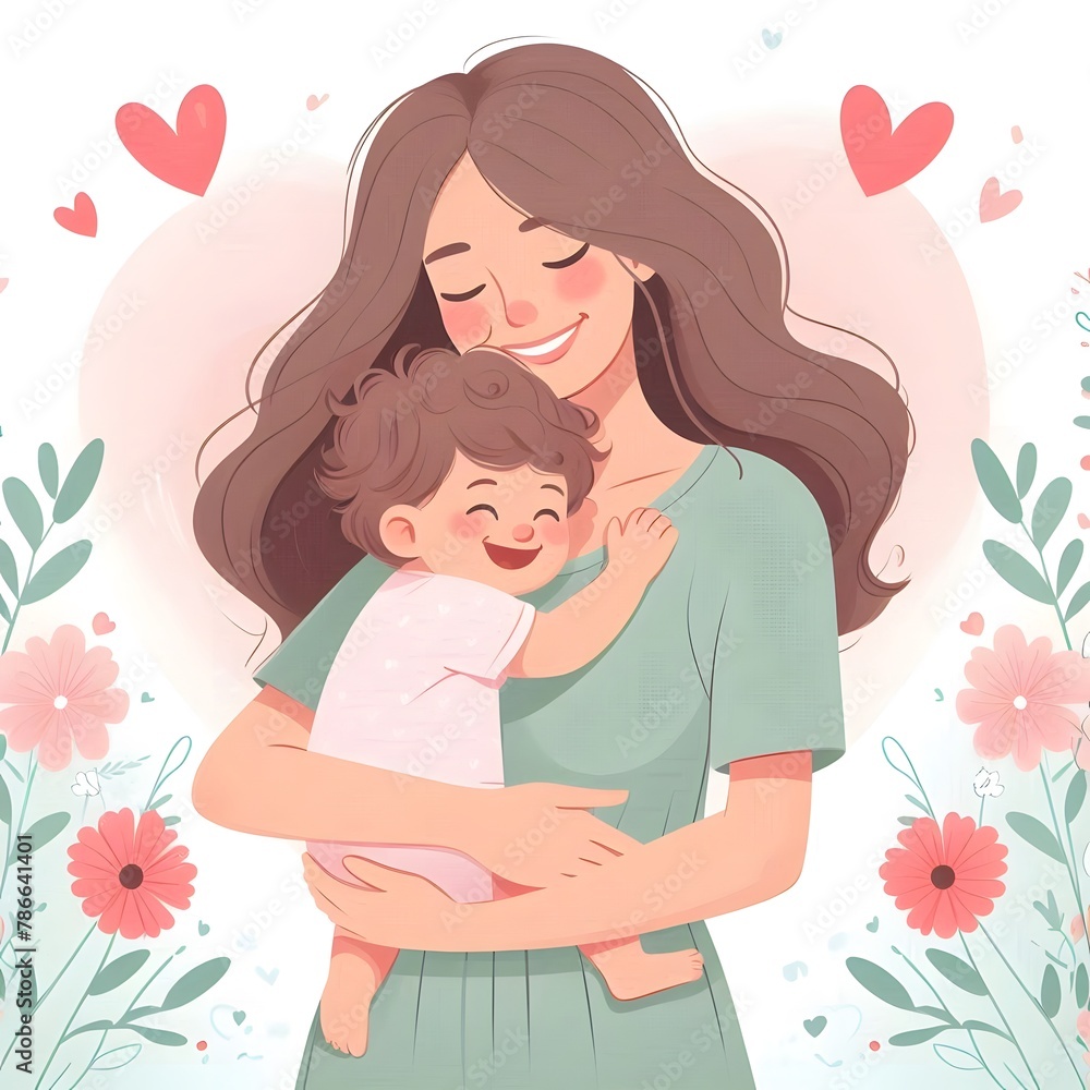 illustration of a mother hugging her baby, happy and smiling, Happy Mother's Day illustration of a mother hugging her baby, happy and smiling, Happy Mother's Day