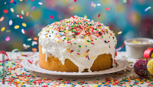 close up of a cake with white frosting and colorful sprinkles on a table with confetti.