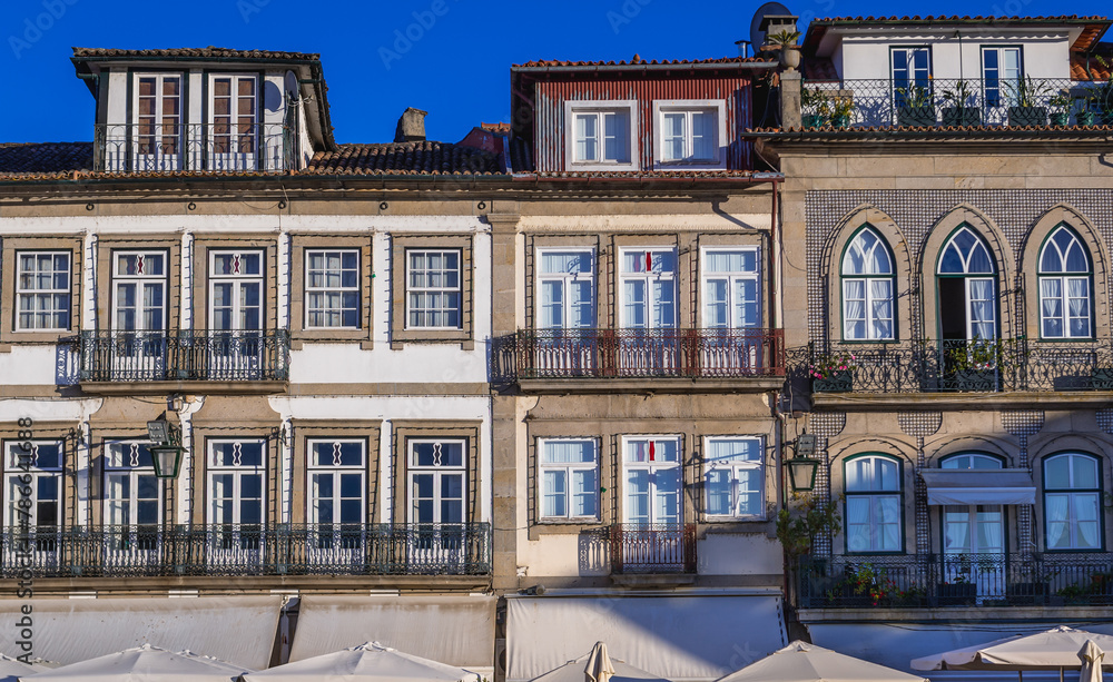 Tenement houses on Camoes Square in Ponte de Lima town, Portugal