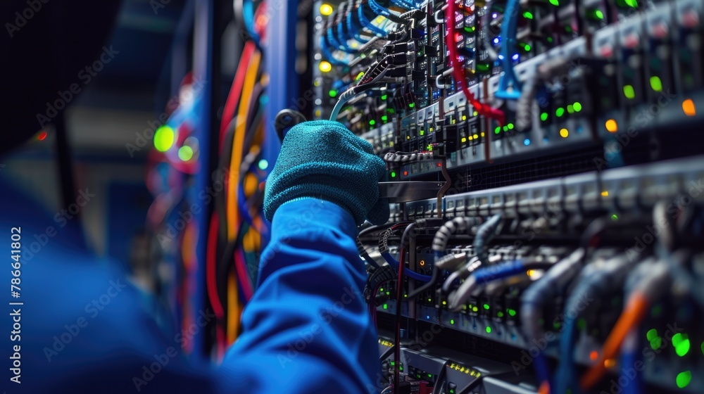 A man in electric blue engineering attire is performing gestures while working on a server in a data center. AIG41