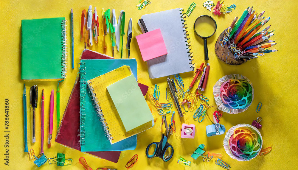 Obraz premium Composition of several stationery notebooks of different colors and stationery on a yellow background. Creative concept of stationery and school supplies. Top view