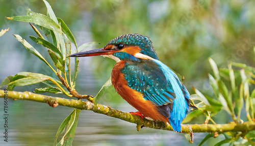 Common kingfisher sits on willow branch with fresh green, Hesse, Germany