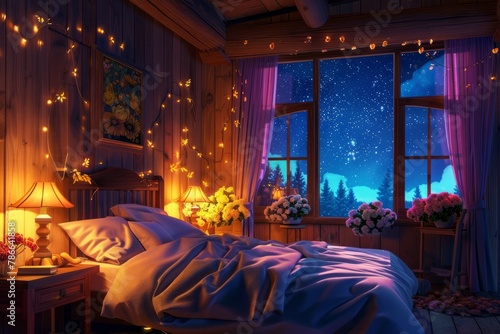 Cozy bedroom with bed, night lights and window at starry sky. Warm room in wooden house interior with flowers on table. Romantic evening mood. Concept of romantic date or rest time. Digital illustrati photo