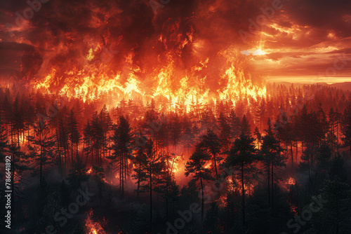 A blazing inferno roaring through the forest, devouring everything in its path with intense heat and destructive power. Concept of wildfire and devastation. Generative Ai. © Sebastian
