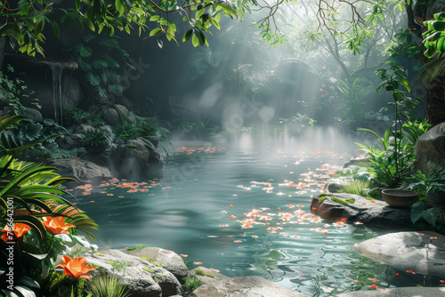 The soothing warmth of a bubbling hot spring  surrounded by steaming water and lush greenery. Concept of relaxation and rejuvenation. Generative Ai.