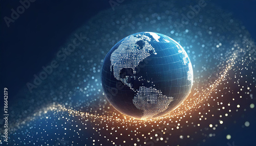 Digital background featuring digital world, globe made of glowing dots on dark blue background, with space for text photo
