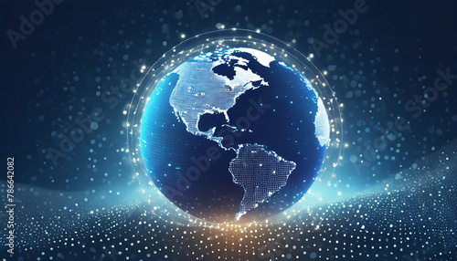 Digital background featuring digital world  globe made of glowing dots on dark blue background  with space for text