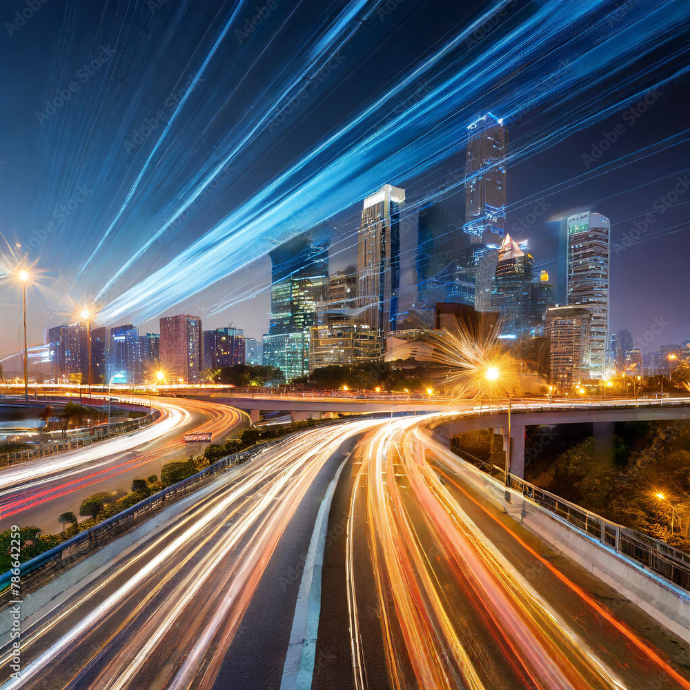 dynamic cityscape with light trails representing fast movement on the highway