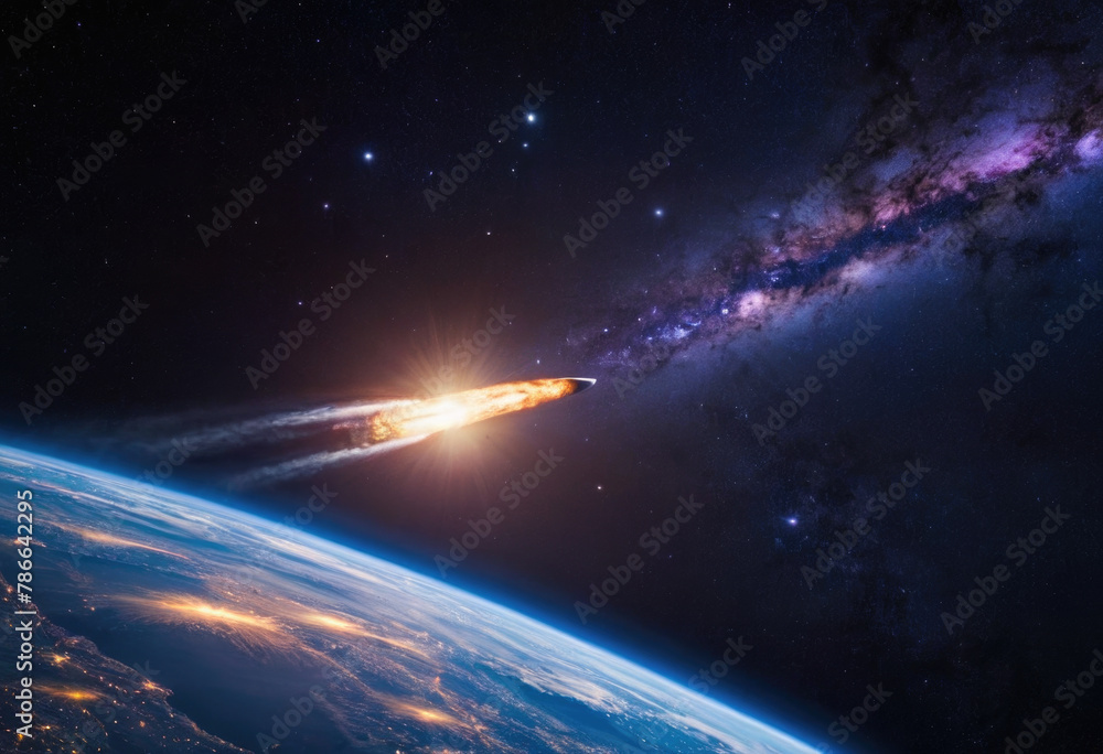 Obraz premium Rocket spaceship shuttle launch with bright space nebula sky with bright rocket trail of fire and smoke