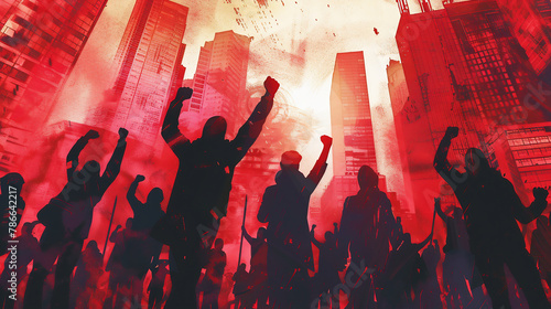 artwork depicting  protestors marching together with raised fists, demanding justice and equality ,backdrop of city skyscrapers. photo