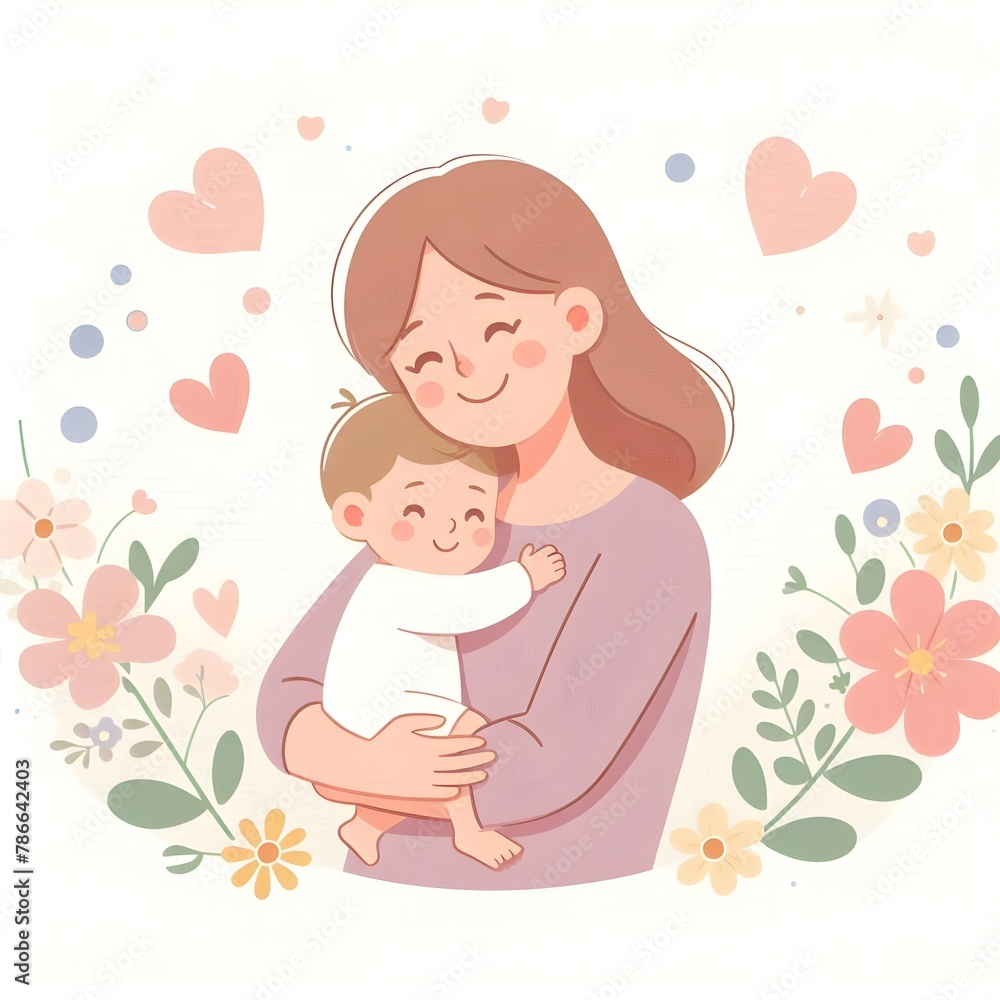 illustration of a mother hugging her baby, happy and smiling, Happy Mother's Day illustration of a mother hugging her baby, happy and smiling, Happy Mother's Day