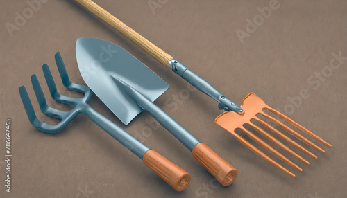 Garden shovel, pitchfork and rake on monochrome background, camping concept