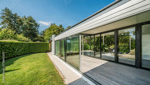 grey and white L-shaped or gable end, stylish glass oak bi-fold doors incorrectly designed gray classic style sunroom with a roof that extends into the garden