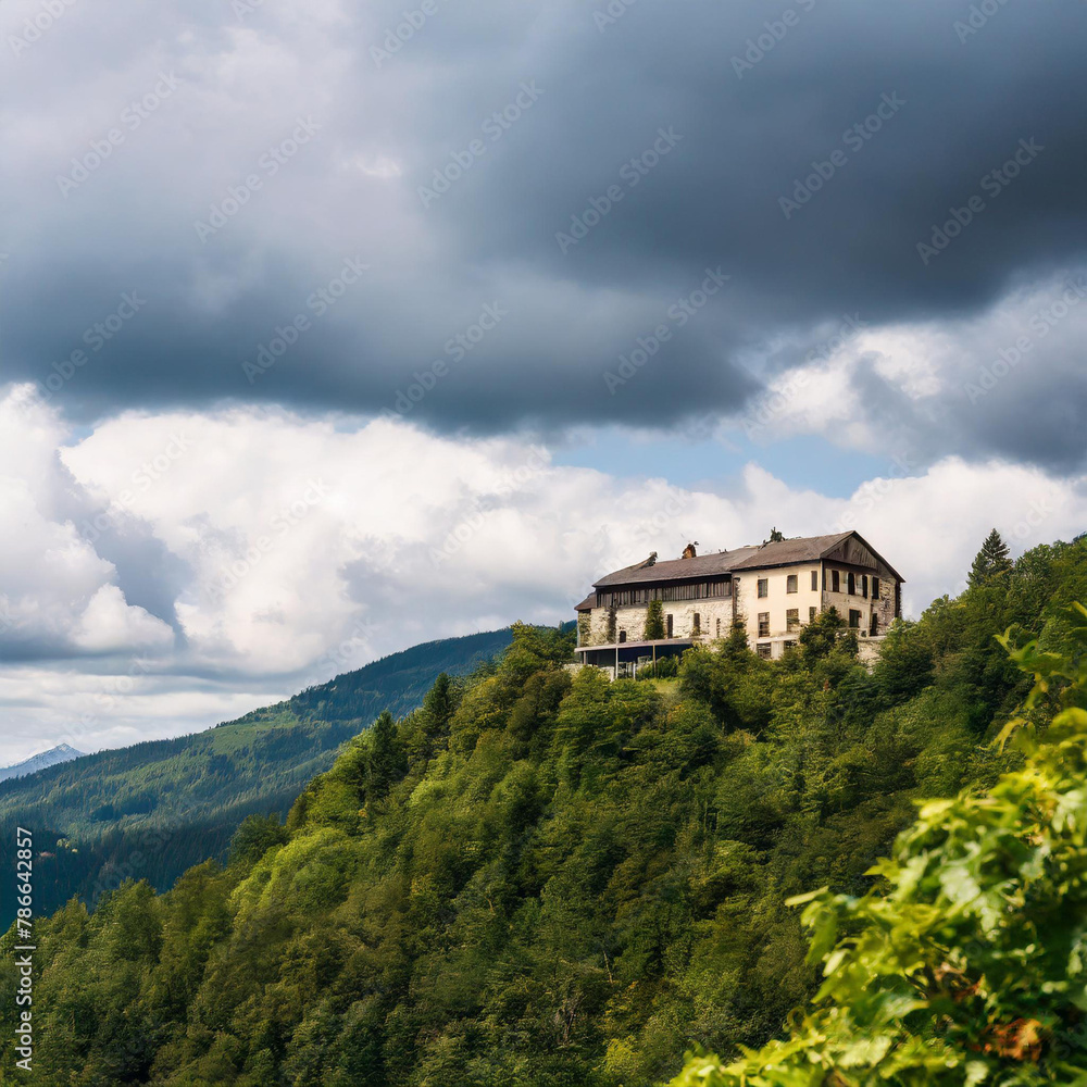 house perched atop a mountain, framed against a somber sky