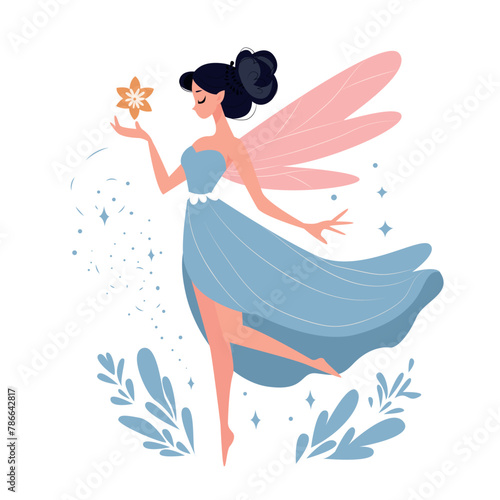 Vector  childish fairy, stars, moon, unicorn and other elements. Cartoon fairy for kids, girl.  