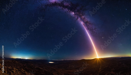 Rocket spaceship shuttle launch with bright space nebula sky with bright rocket trail of fire and smoke