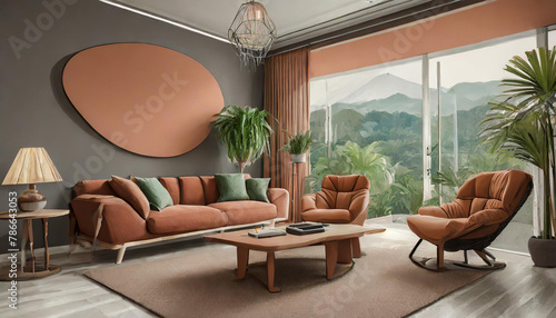 Livingroom buisness lounge in terracotta brown color. Combination of gray, camel and green photo