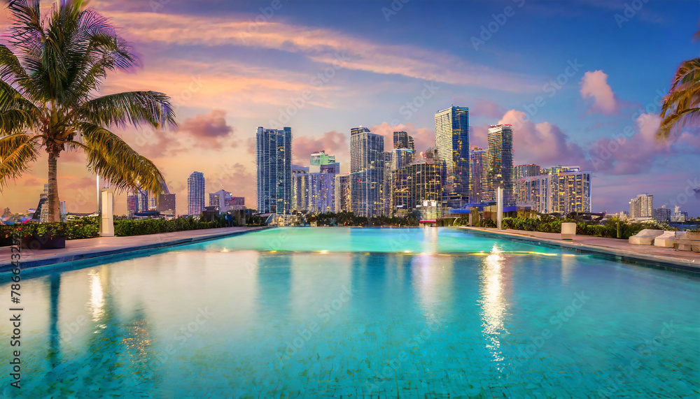 Obraz premium Miami swimming pool and city background