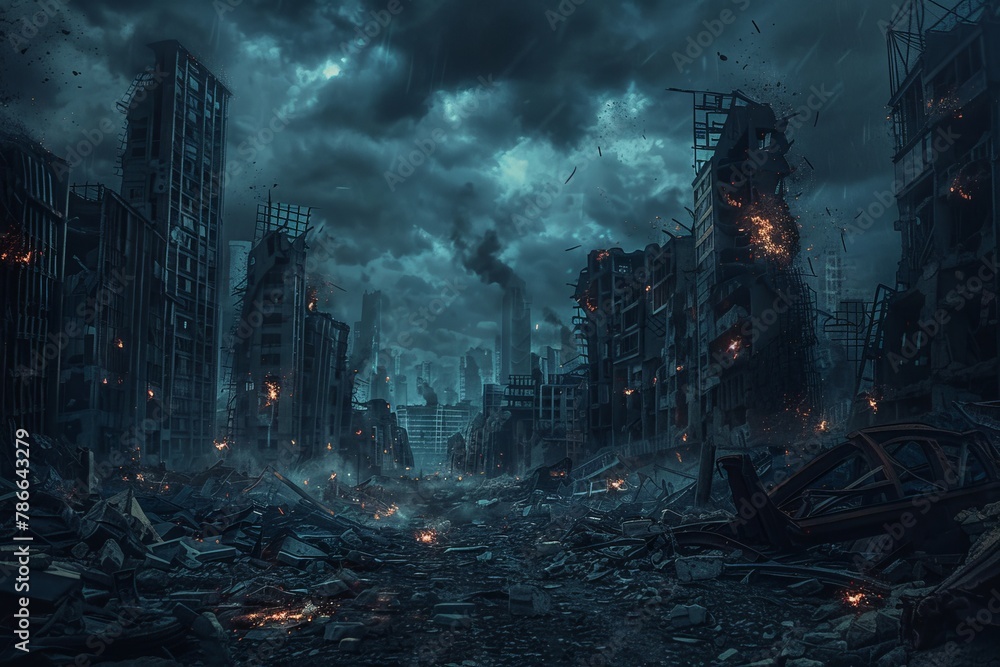 Dark fantasy cityscape of an apocalyptic world, ruins and rubble under the dark sky, eerie lights on destroyed buildings, desolate streets with broken objects scattered around - obrazy, fototapety, plakaty 