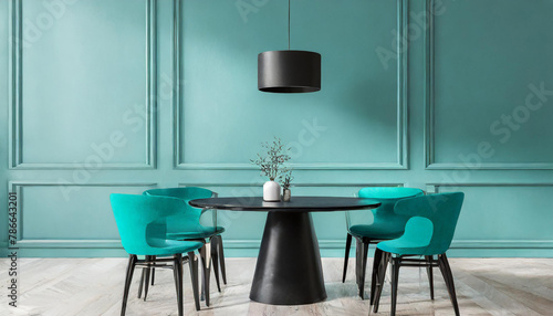 Meeting area or diningroom with large black round table and teal cyan chairs. Empty wall turquoise azure paint color accent. Dinning modern kitchen interior home or cafe. Mockup for art. 3d render photo
