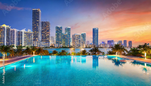 Miami swimming pool and city background