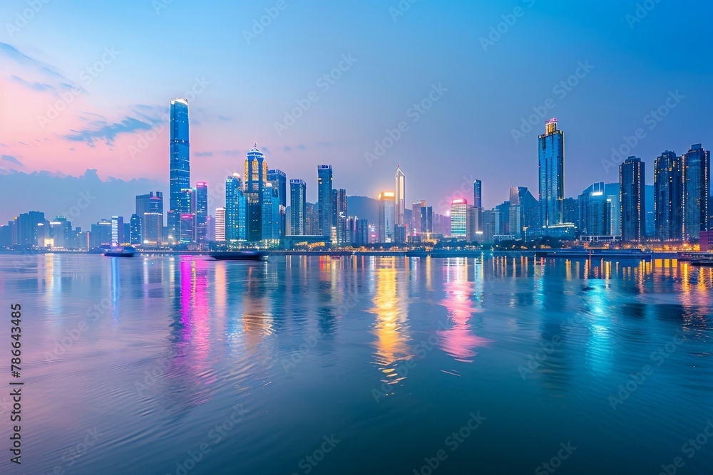 Fototapeta premium a city skyline with a body of water in the foreground