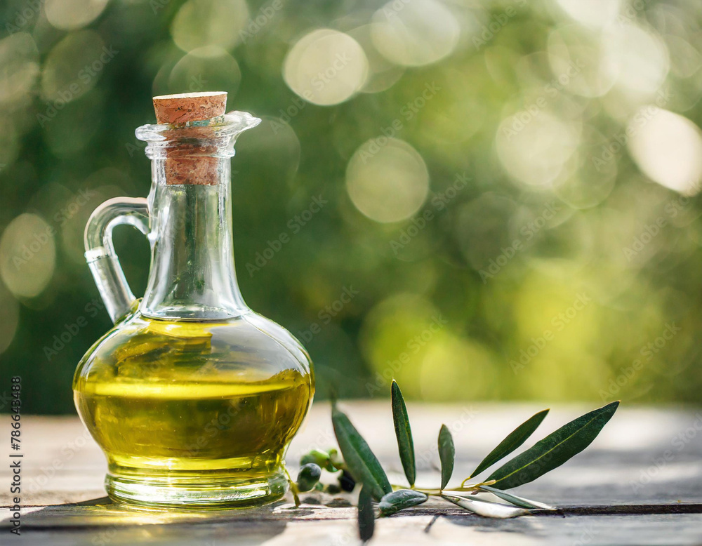 Olive oil glass bottle mock up. Clear glass bottle with olive oil on bokeh background Olive oil glass bottle mock up. Clear glass bottle with olive oil on bokeh background