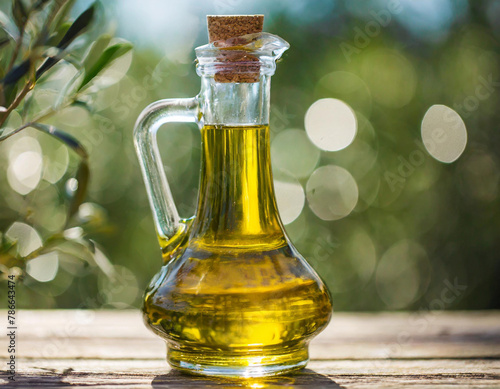 Olive oil glass bottle mock up. Clear glass bottle with olive oil on bokeh background