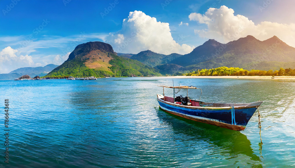 panorama of a small boat with mountains and blue sky