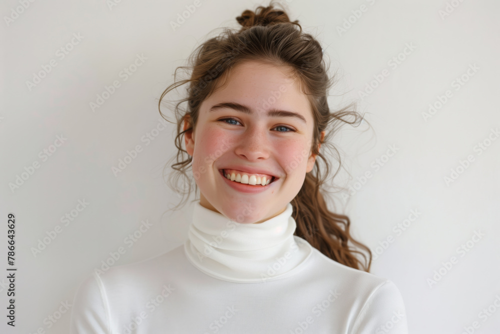 Girl with beautiful smile in white turtleneck on white background Girl with beautiful smile in white turtleneck on white background
