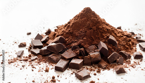 Pile chopped, milled chocolate isolated on white, top view