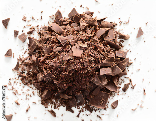 Pile chopped, milled chocolate shavings isolated on white, top view