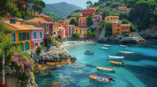 Colorful coastal village with serene sea and moored boats in a picturesque setting photo