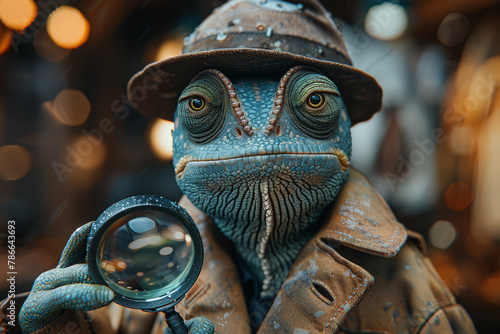 A chameleon disguised as a detective, wearing a trench coat and fedora, sleuthing through the city streets with a magnifying glass in search of clues to solve a mysterious case.  Generative Ai. photo