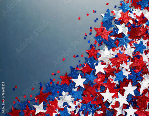 Red, white and blue stars confetti on the right side of an empty space for text or message