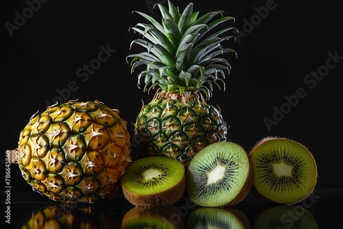 a pineapple  kiwi  and kiwi fruit on a reflective surface