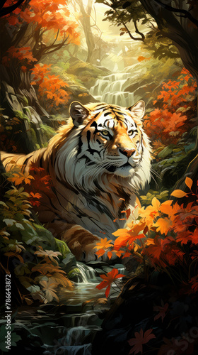 Magnificent tiger with vibrant stripes roamed through the lush greenery of the jungle photo
