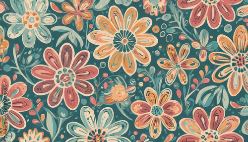 Retro vibes bloom in this HD-captured vintage 70s style floral artwork, embodying a groovy and colorful pastel nostalgia. Seamless vector background.