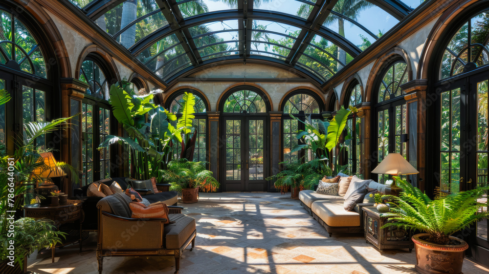 Tropical Twilight.  Inside an Elegant Glasshouse Conservatory