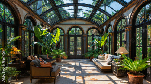 Tropical Twilight.  Inside an Elegant Glasshouse Conservatory