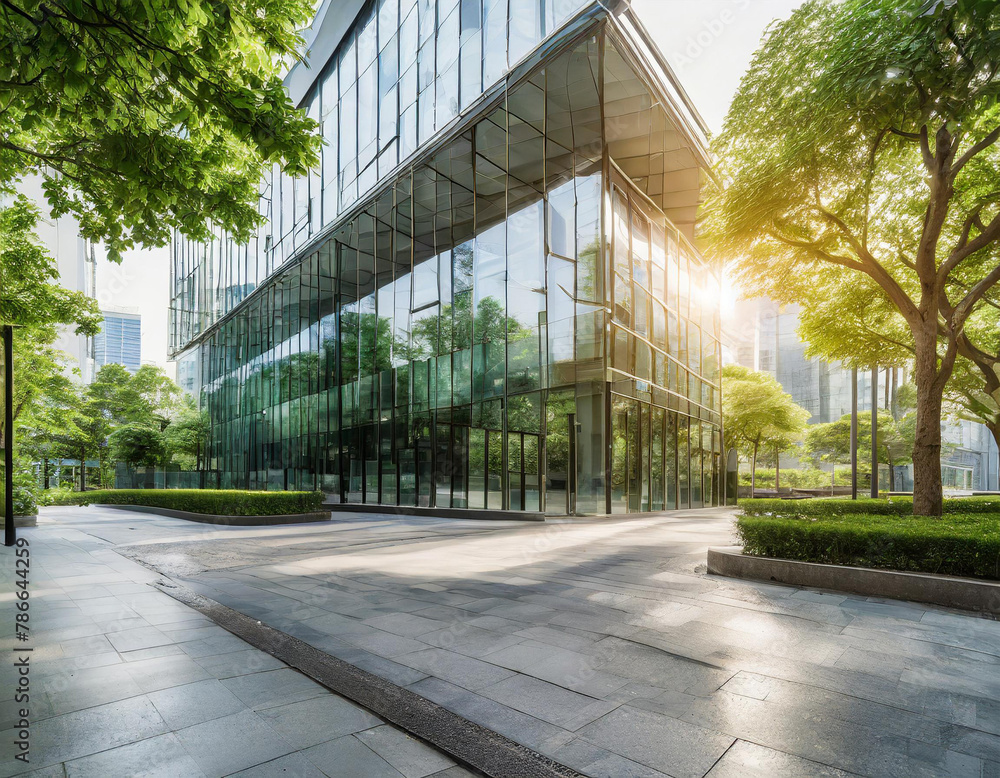 sleek glass building with green trees, with sunlight reflecting on the ground, showcasing modern architecture in an urban environment in the style of modern architecture