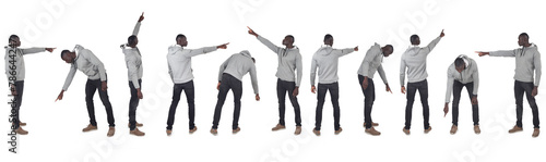 group of same man pointing fingers everywhere on white background photo