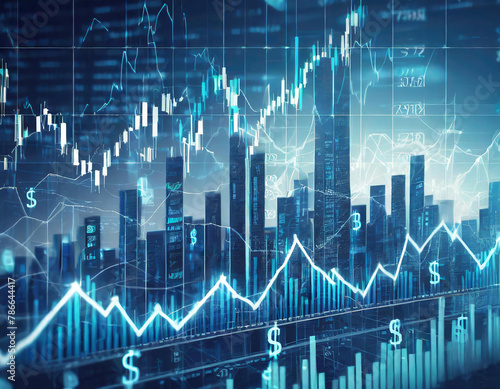 stock market background with dollar signs and financial charts in a blue color scheme, with white numbers of a candlestick chart in the foreground