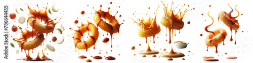 fried onion rings flying with sauce splash isolated png photo