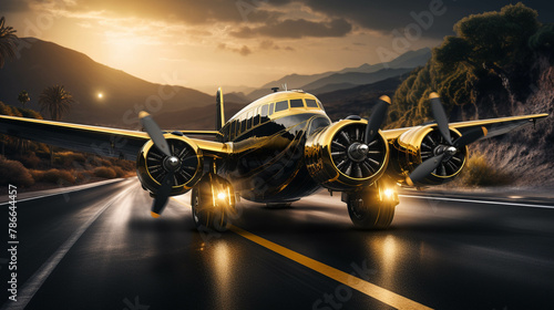 a big black plane on a road with golden colour on its wings strips and engine --ar 16:9 --v 5.2 Job ID: 26b9adea-1d3d-4499-8291-546d3c2bbf5c photo