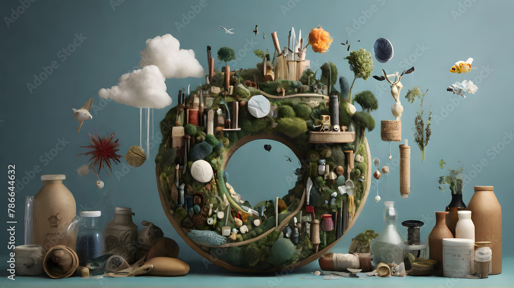 A magical world where minimal waste practices thrive, promoting a circular economy and encouraging responsible consumption and disposal - AI
